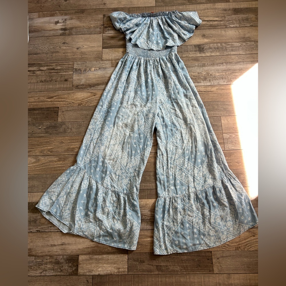 SCULLY bandana jumpsuit flare wide legs- light blue paisley ruffle strapless